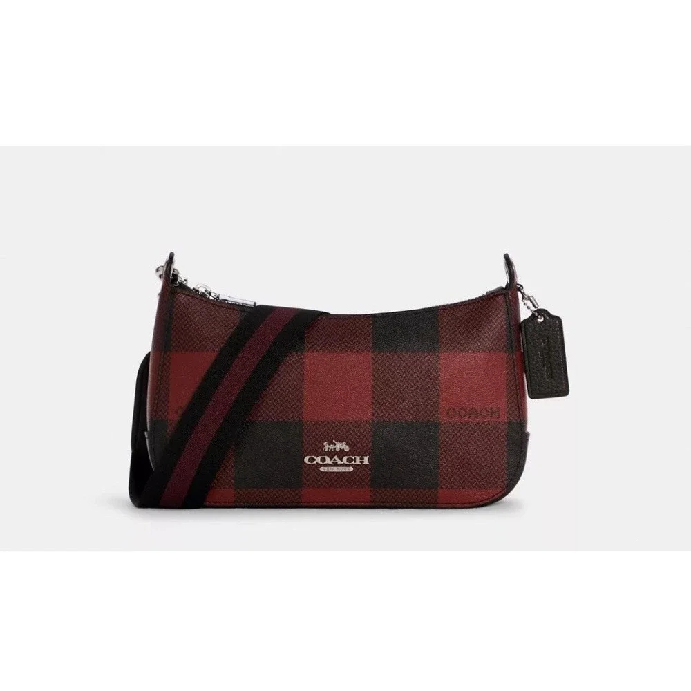 COACH C6818 Jes‎ Baguette Buffalo Plaid Print Black 1941 Red Multi Crossbody Bag